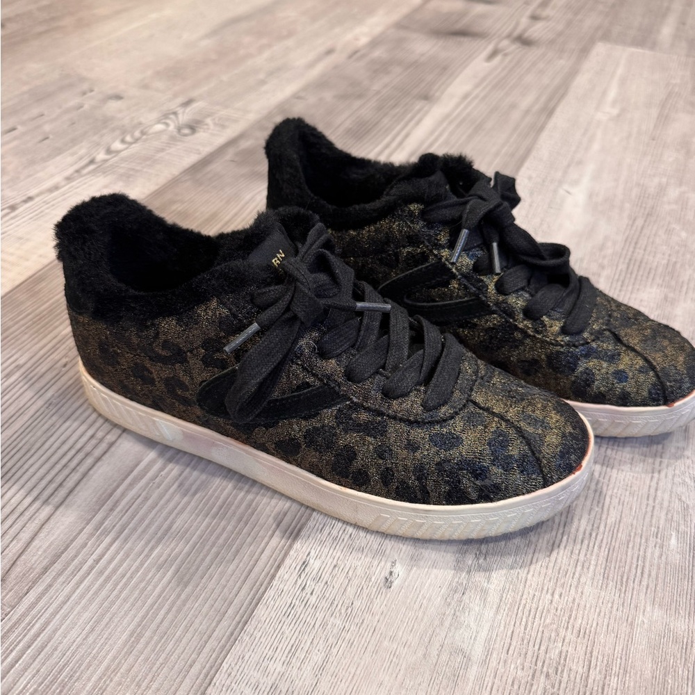 Tretorn Black and Gold Leopard and Fur Sneakers